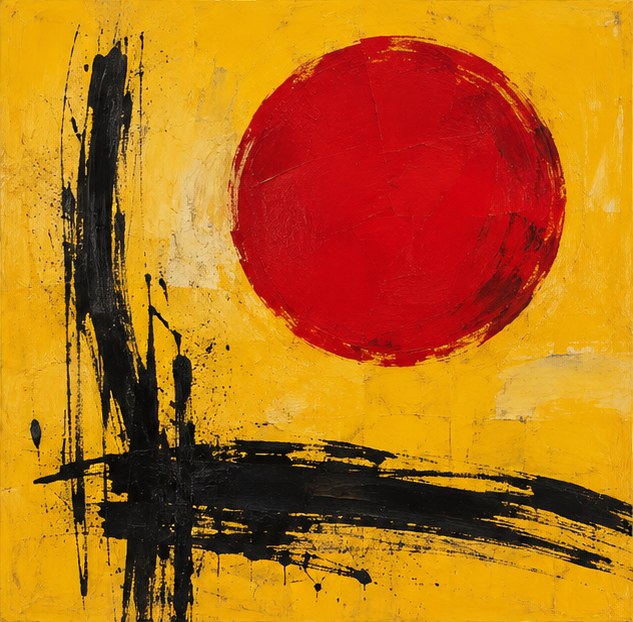 Yellow field with red circle and black marks, sample artwork